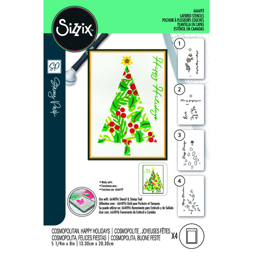 Sizzix A6 Layered Stencils 4PK - Cosmopolitan Christmas, Happy Holidays by Stacey Park