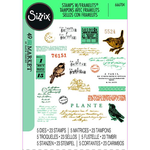 Sizzix A5 Clear Stamps Set 23PK w/5PK Framelits Die Set Bird Song by 49 and Market