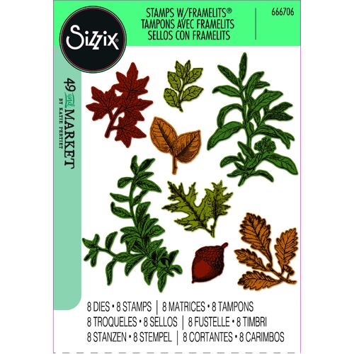 Sizzix A5 Clear Stamps Set 8PK w/8PK Framelits Die Set Forever Leaves by 49 and Market