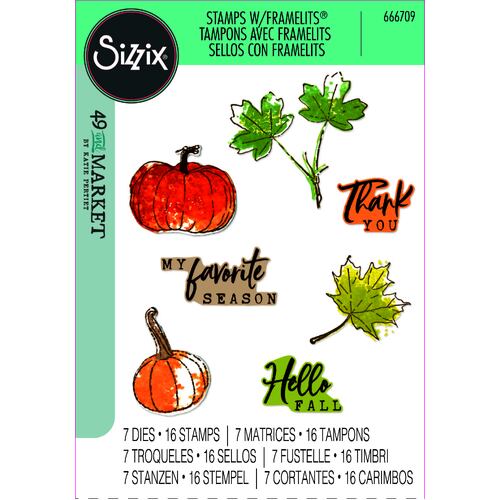 Sizzix A5 Clear Stamps Set 16PK w/7PK Framelits Die Set Pencil Line Harvest by 49 and Market