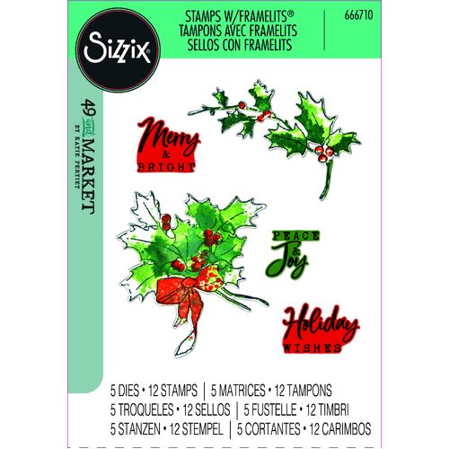 Sizzix A5 Clear Stamps Set 12PK w/5PK Framelits Die Set Pencil Line Holly by 49 and Market