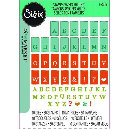 Sizzix A5 Clear Stamps Set 60PK w/10PK Framelits Die Set Tab Stamp Alpha by 49 and Market