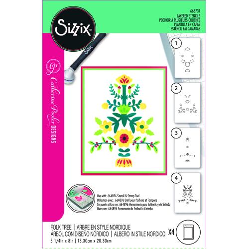 Sizzix A6 Layered Stencils 4PK Folk Tree by Catherine Pooler