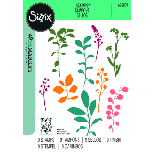 Sizzix A5 Clear Stamps Set 9PK  Fine Stems 01 by 49 and Market